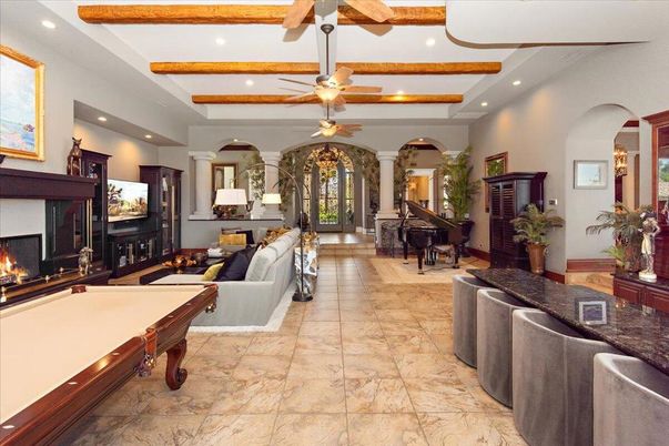 Billiard Table, Fireplace, Game Room, Interior, Living room, Piano, Recessed Lighting, Wooden Beams