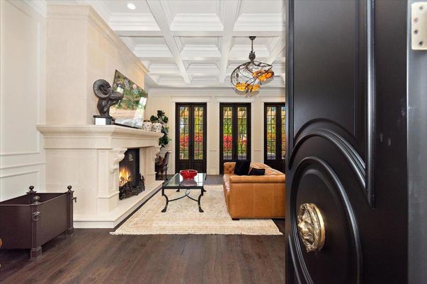 Fireplace, Interior, Living room, Pendant Lights, Recessed Lighting, Wood Texture Flooring