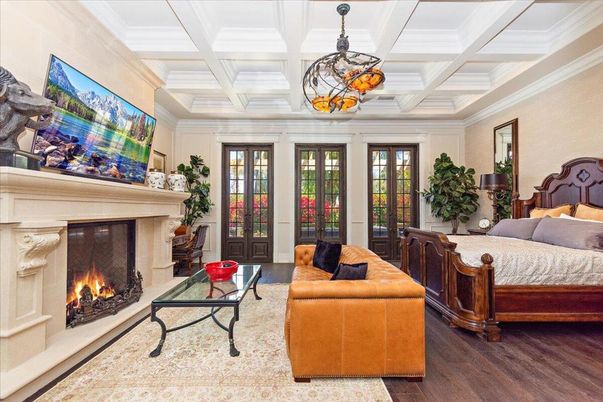 Bedroom, Fireplace, Interior, Living room, Pendant Lights, Wood Texture Flooring