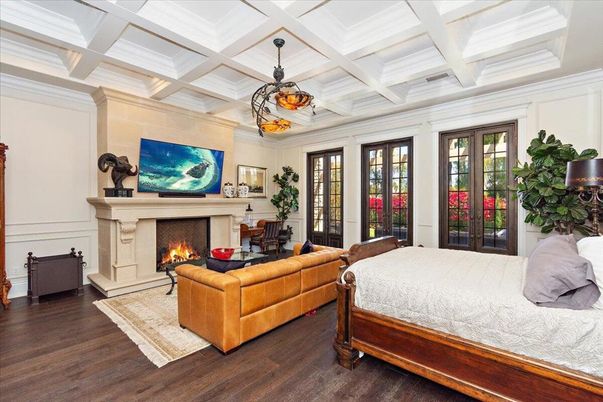 Bedroom, Fireplace, Interior, Pendant Lights, Wood Texture Flooring