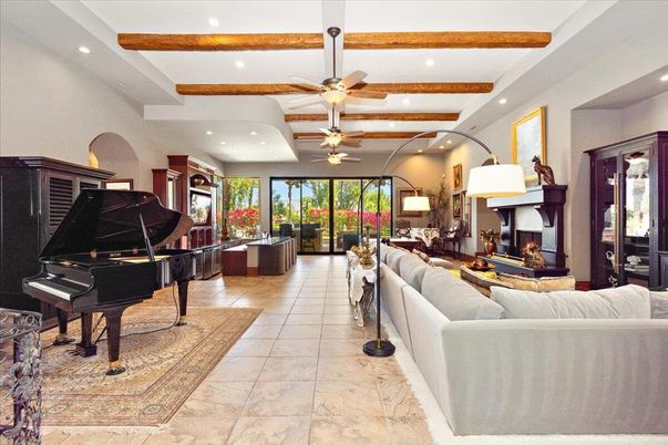 Fireplace, Interior, Living room, Piano, Recessed Lighting, Wooden Beams