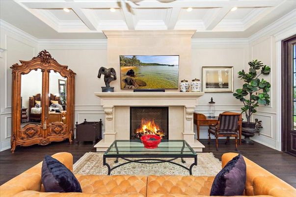 Fireplace, Interior, Living room, Recessed Lighting, Wood Texture Flooring