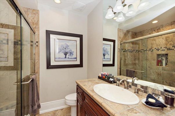 Bathroom, Glass Shower, Interior, Recessed Lighting, Tile Countertops