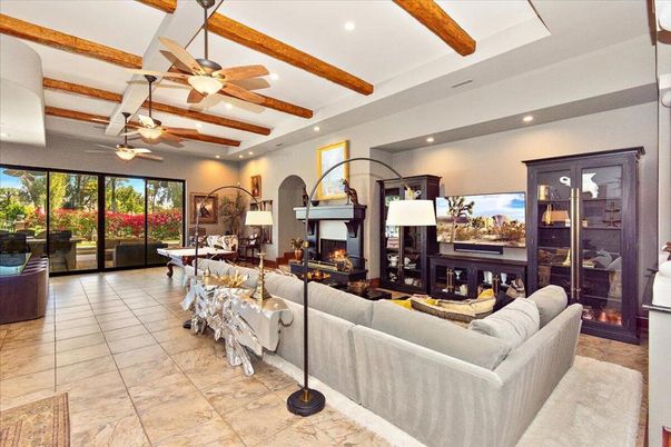 Fireplace, Interior, Living room, Recessed Lighting, Wooden Beams