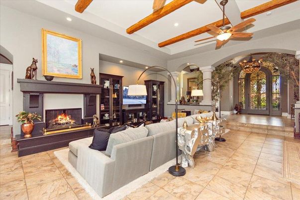 Fireplace, Interior, Living room, Recessed Lighting, Wooden Beams