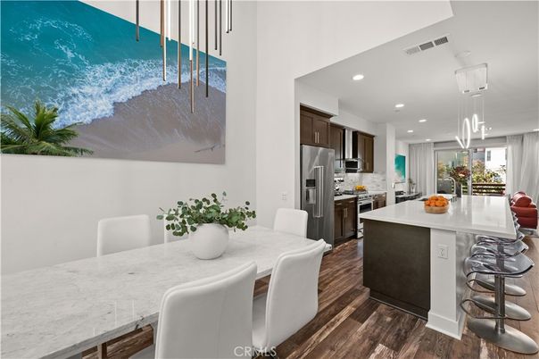 Dining room, Interior, Kitchen, Pendant Lights, Recessed Lighting, Stainless Steel Appliances, Wood Texture Flooring