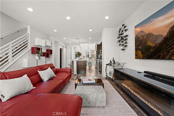 Fireplace, Interior, Kitchen, Living room, Pendant Lights, Recessed Lighting, Wood Texture Flooring