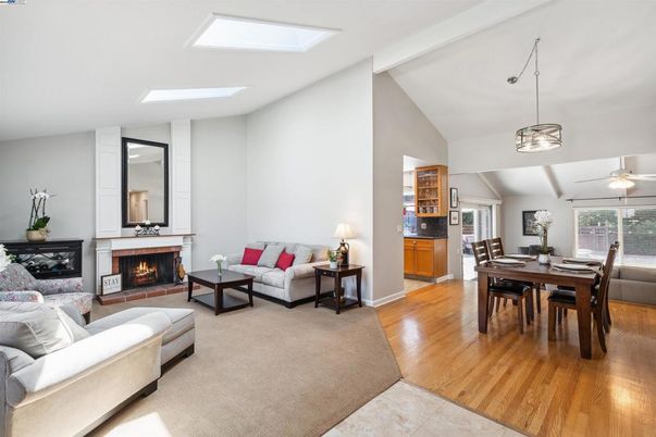 Dining room, Fireplace, Interior, Living room, Pendant Lights, Wood Texture Flooring