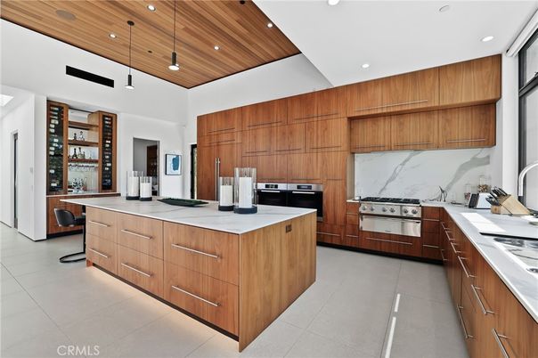 Interior, Kitchen, Marble Walls, Pendant Lights, Recessed Lighting, Stainless Steel Appliances, Wooden Ceilings