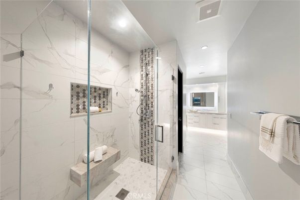 Bathroom, Glass Shower, Interior, Marble, Marble Walls, Recessed Lighting