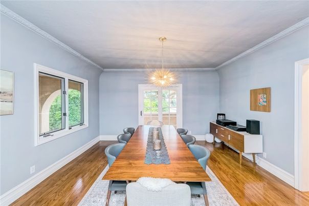 Dining room, Interior, Pendant Lights, Wood Texture Flooring