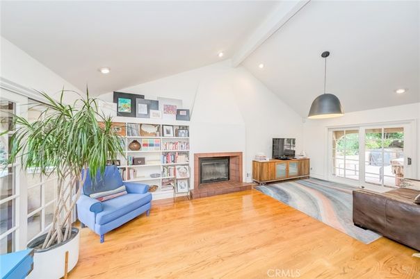 Fireplace, Interior, Pendant Lights, Recessed Lighting, Wood Texture Flooring