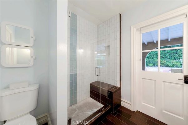 Bathroom, Glass Shower, Interior, Wood Texture Flooring