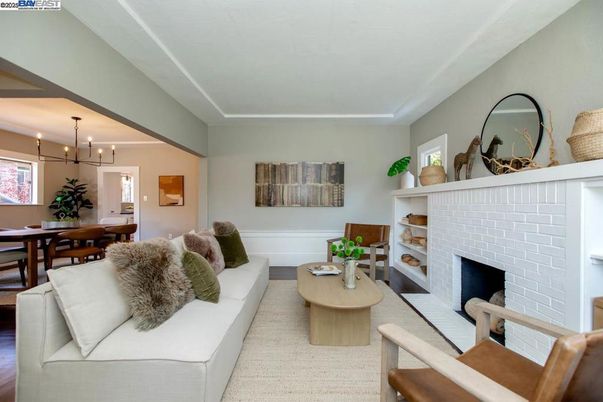 Dining room, Fireplace, Interior, Living room, Pendant Lights, Stone Walls, Wood Texture Flooring