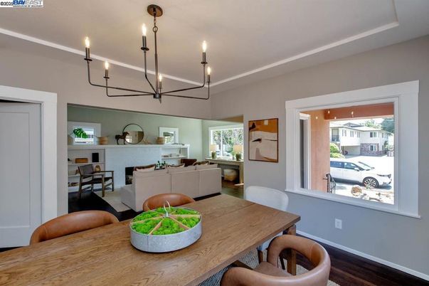 Chandelier, Dining room, Fireplace, Interior, Living room, Wood Texture Flooring