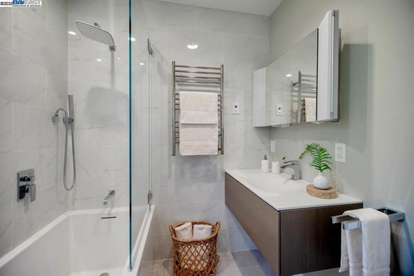 Bathroom, Glass Shower, Interior, Marble Walls, Recessed Lighting