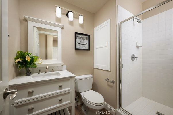 Bathroom, Glass Shower, Interior, Wood Texture Flooring