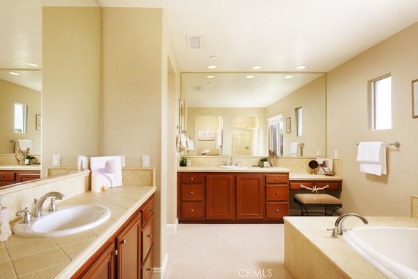 Bathroom, Dual Sink Vanities, Interior, Recessed Lighting, Tile Countertops