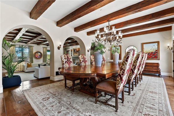 Chandelier, Dining room, Interior, Living room, Wooden Beams, Wood Texture Flooring