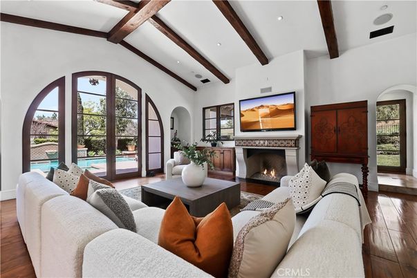 Fireplace, Interior, Living room, Recessed Lighting, Wooden Beams, Wood Texture Flooring