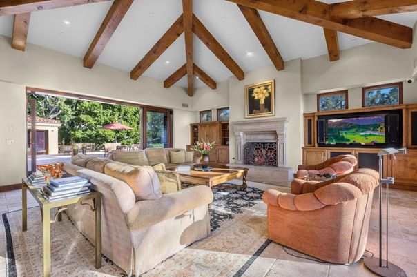 Fireplace, Interior, Living room, Recessed Lighting, Wooden Beams