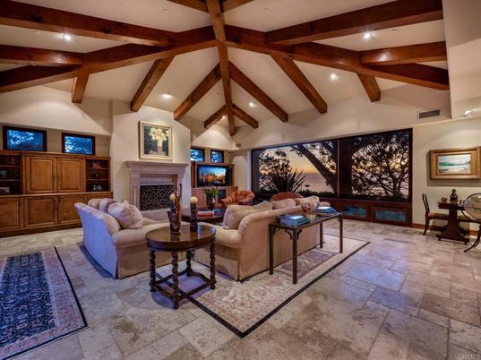 Fireplace, Interior, Living room, Recessed Lighting, Wooden Beams