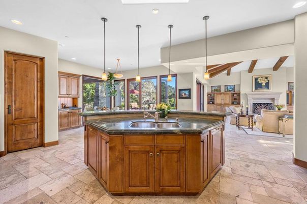 Fireplace, Interior, Kitchen, Living room, Pendant Lights, Recessed Lighting, Wooden Beams