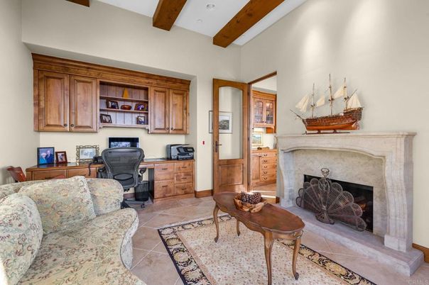 Fireplace, Home Office, Interior, Recessed Lighting, Wooden Beams