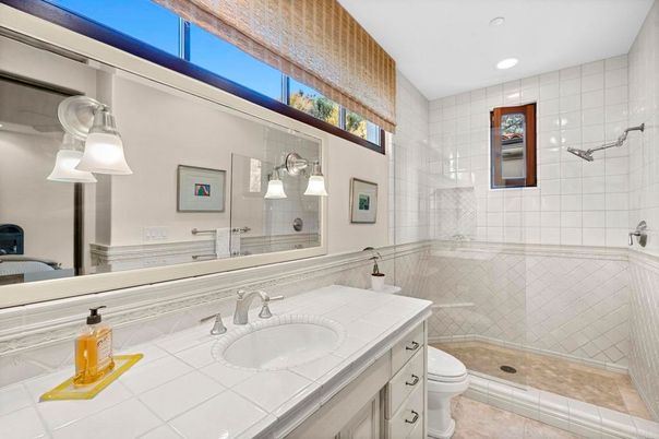 Bathroom, Glass Shower, Interior, Recessed Lighting, Tile Countertops