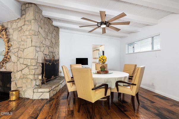 Dining room, Fireplace, Interior, Stone Walls, Wood Texture Flooring