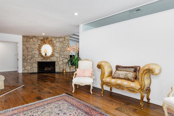 Fireplace, Interior, Recessed Lighting, Stone Walls, Wood Texture Flooring