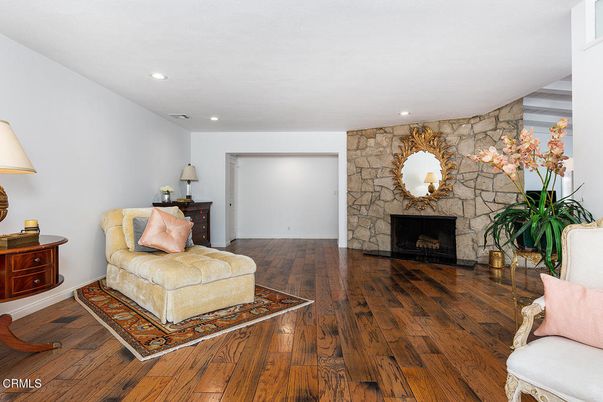 Fireplace, Interior, Recessed Lighting, Stone Walls, Wood Texture Flooring