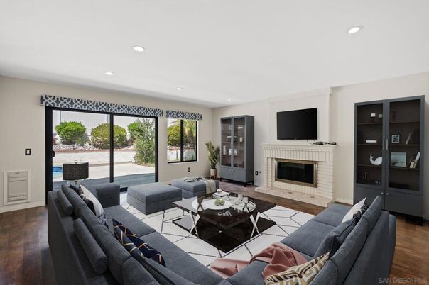 Fireplace, Interior, Living room, Recessed Lighting, Wood Texture Flooring