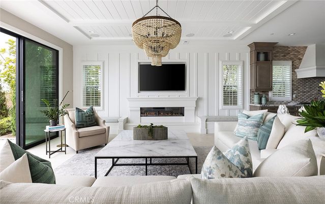Fireplace, Interior, Living room, Pendant Lights, Recessed Lighting, Stone Walls