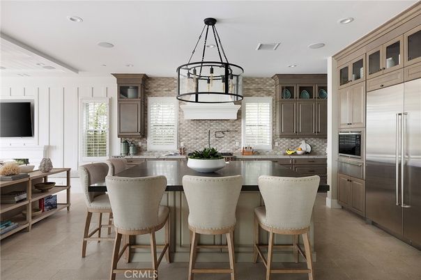 Interior, Kitchen, Pendant Lights, Recessed Lighting, Stainless Steel Appliances, Stone Walls