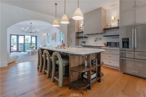 Interior, Kitchen, Living room, Pendant Lights, Stainless Steel Appliances, Wood Texture Flooring