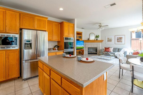 Fireplace, Interior, Kitchen, Living room, Recessed Lighting, Stainless Steel Appliances