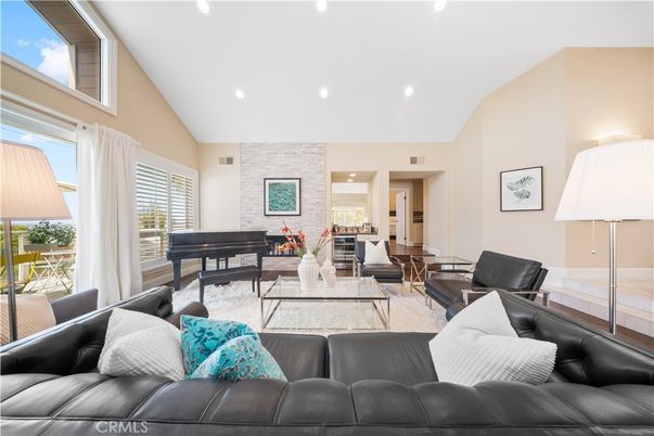 Dining room, Fireplace, Interior, Living room, Piano, Recessed Lighting, Stone Walls