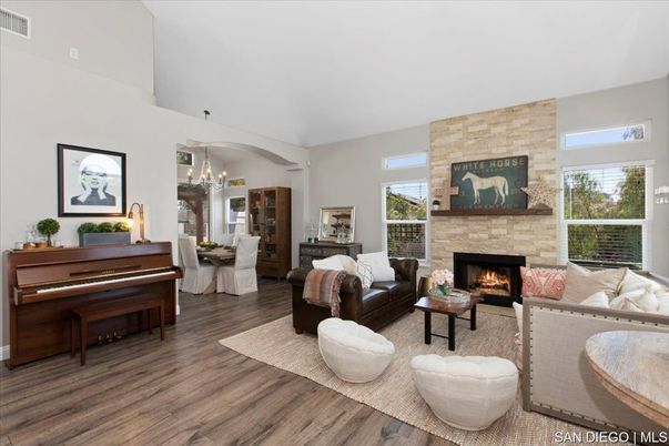 Fireplace, Interior, Living room, Pendant Lights, Piano, Stone Walls, Wood Texture Flooring