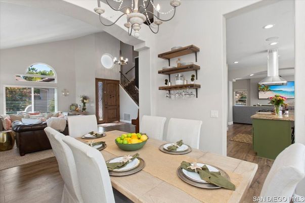 Chandelier, Dining room, Interior, Kitchen, Living room, Pendant Lights, Recessed Lighting, Wood Texture Flooring
