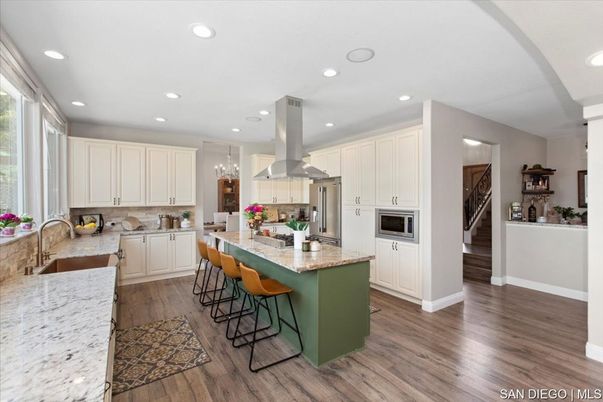Chandelier, Interior, Kitchen, Recessed Lighting, Stainless Steel Appliances, Wood Texture Flooring