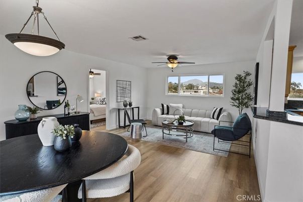 Bedroom, Dining room, Interior, Living room, Pendant Lights, Wood Texture Flooring