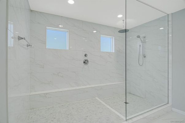 Bathroom, Glass Shower, Interior, Marble, Marble Walls, Recessed Lighting