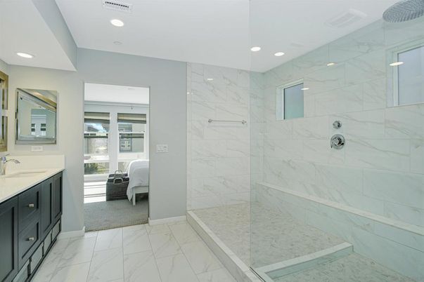 Bathroom, Bedroom, Glass Shower, Interior, Marble, Marble Walls, Recessed Lighting
