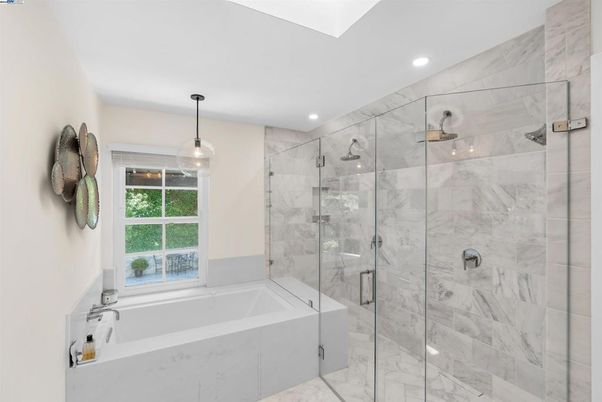 Bathroom, Glass Shower, Interior, Marble, Marble Walls, Pendant Lights, Recessed Lighting