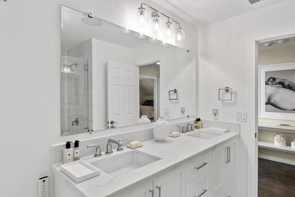 Bathroom, Dual Sink Vanities, Glass Shower, Interior, Wood Texture Flooring