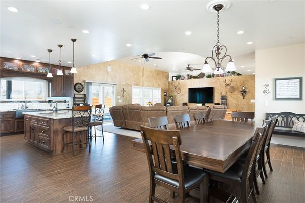 Chandelier, Dining room, Interior, Kitchen, Living room, Pendant Lights, Recessed Lighting, Wood Texture Flooring