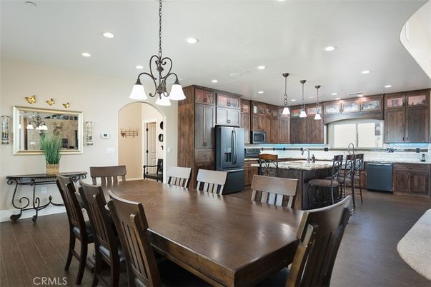 Dining room, Interior, Kitchen, Pendant Lights, Recessed Lighting, Wood Texture Flooring