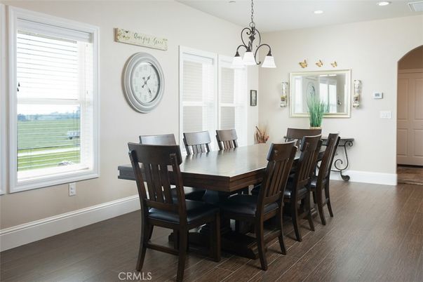 Chandelier, Dining room, Interior, Recessed Lighting, Wood Texture Flooring