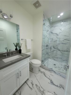 Bathroom, Glass Shower, Interior, Marble, Marble Walls, Recessed Lighting